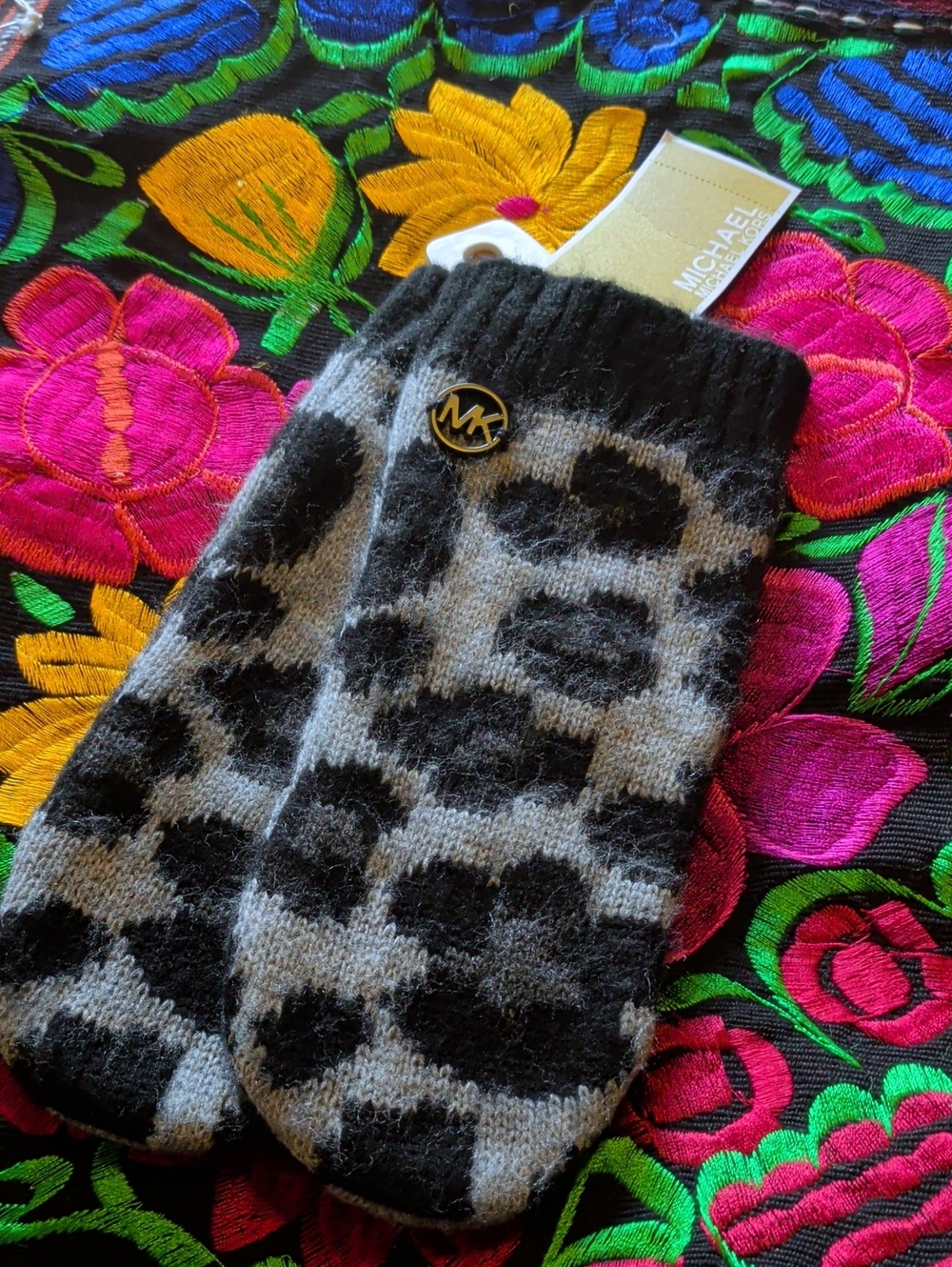 Michael Kors Black and Gray Leopard Knit Mittens with Gold MK Accent